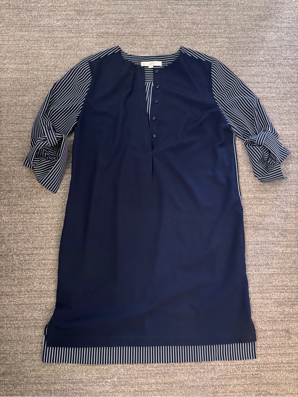 LOFT Navy Dress with White Stripe Sleeves